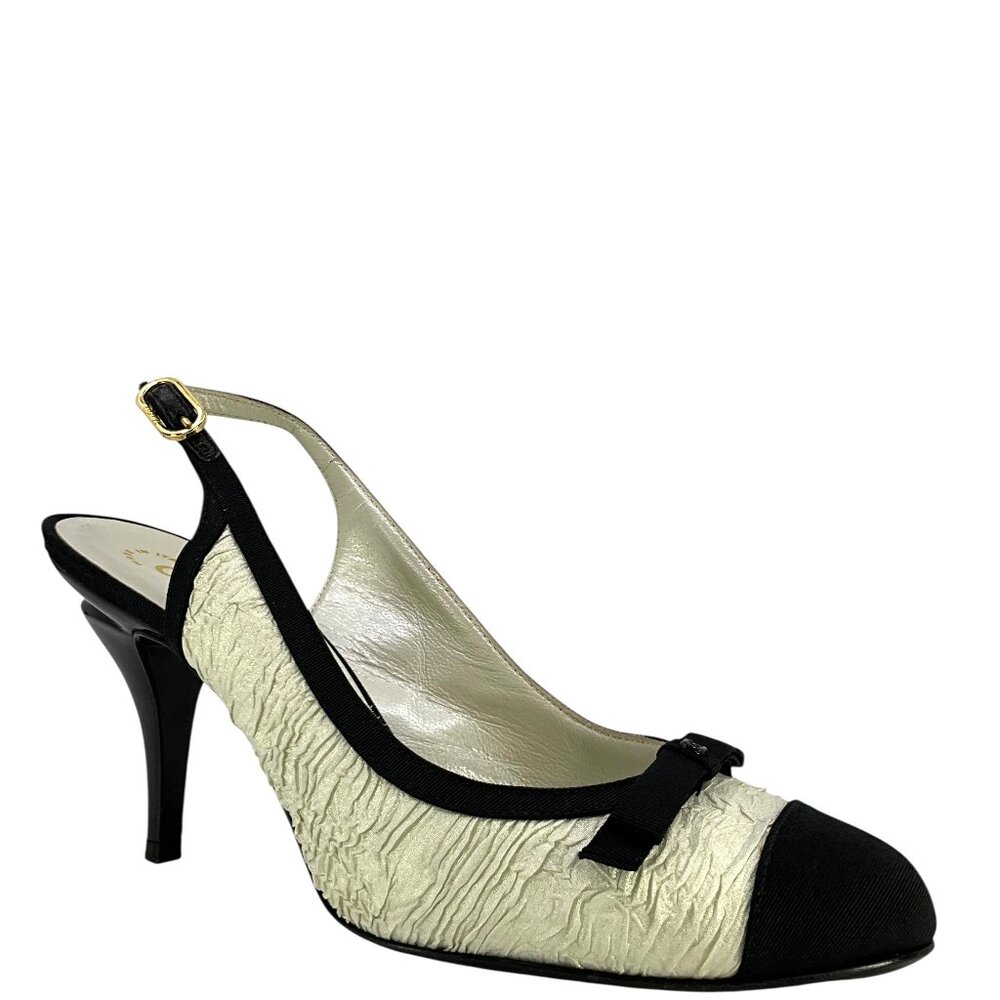 Chanel 10C Textured Silk Cap Toe Slingbacks Size 8